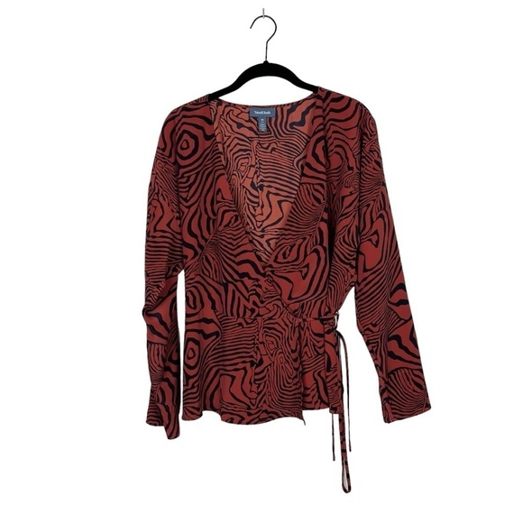 Modcloth Burnt Orange Black Zebra Print Long Sleeve Wrap Blouse Top Size M - Picture 2 of 6